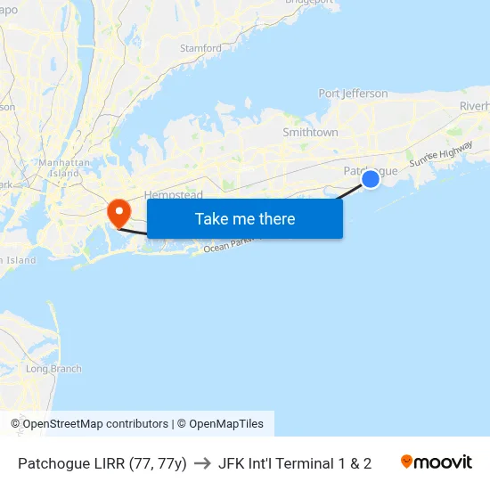 Patchogue LIRR (77, 77y) to JFK Int'l Terminal 1 & 2 map