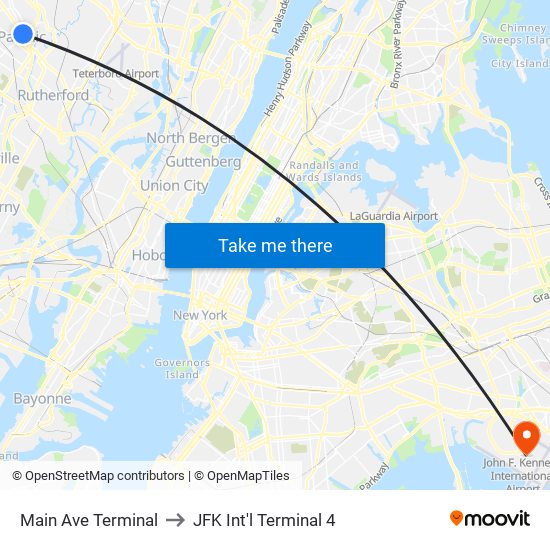 Main Ave Terminal to JFK Int'l Terminal 4 map