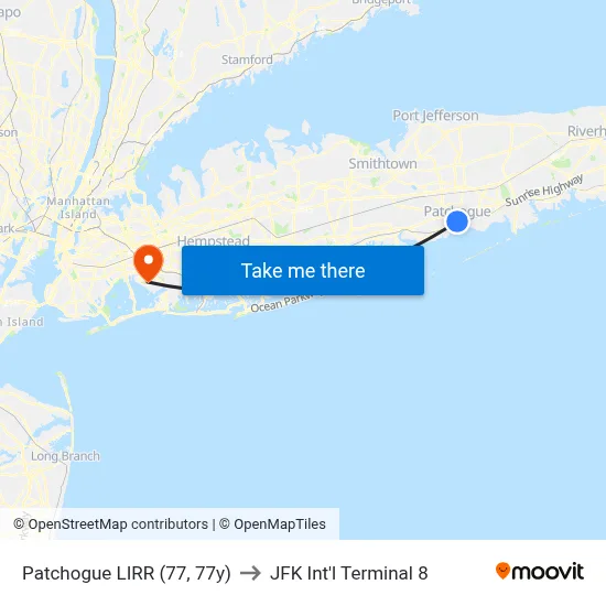 Patchogue LIRR (77, 77y) to JFK Int'l Terminal 8 map