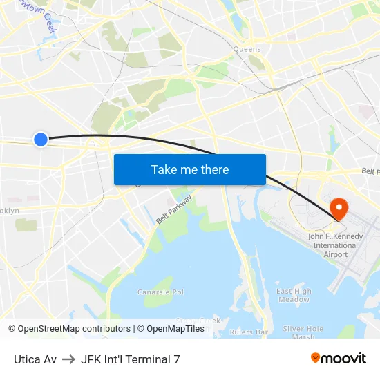 Utica Av to JFK Int'l Terminal 7 map