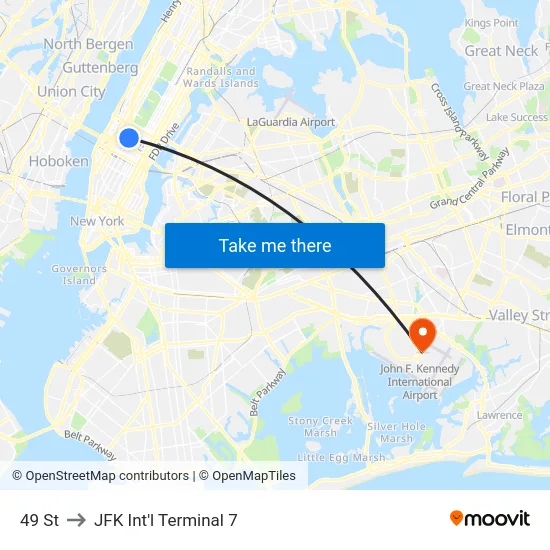 49 St to JFK Int'l Terminal 7 map