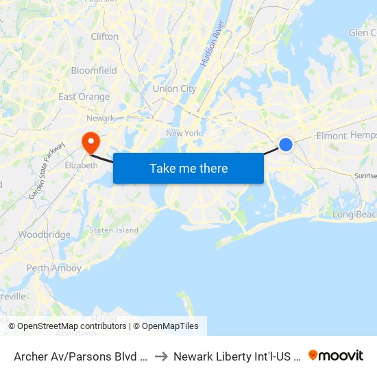 Archer Av/Parsons Blvd Bay D to Newark Liberty Int'l-US 1-9 N map