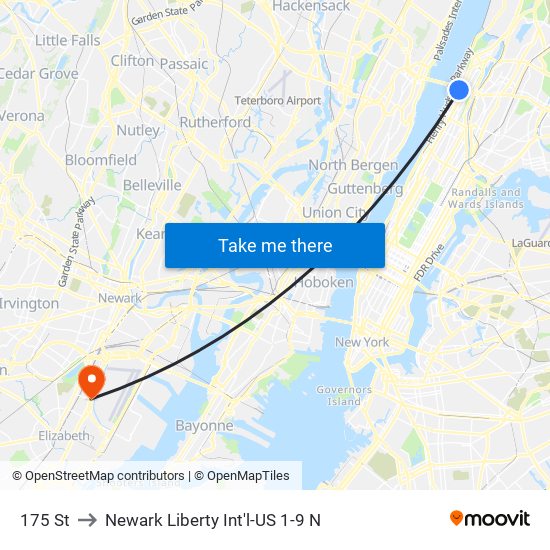 175 St to Newark Liberty Int'l-US 1-9 N map