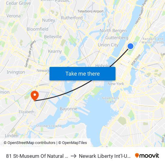 81 St-Museum Of Natural History to Newark Liberty Int'l-US 1-9 N map