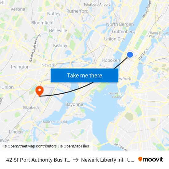 42 St-Port Authority Bus Terminal to Newark Liberty Int'l-US 1-9 N map