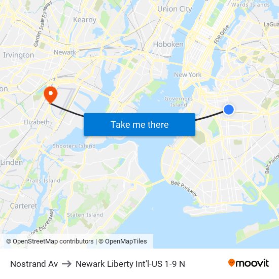 Nostrand Av to Newark Liberty Int'l-US 1-9 N map