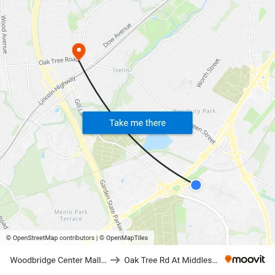 Woodbridge Center Mall-West to Oak Tree Rd At Middlesex Ave map