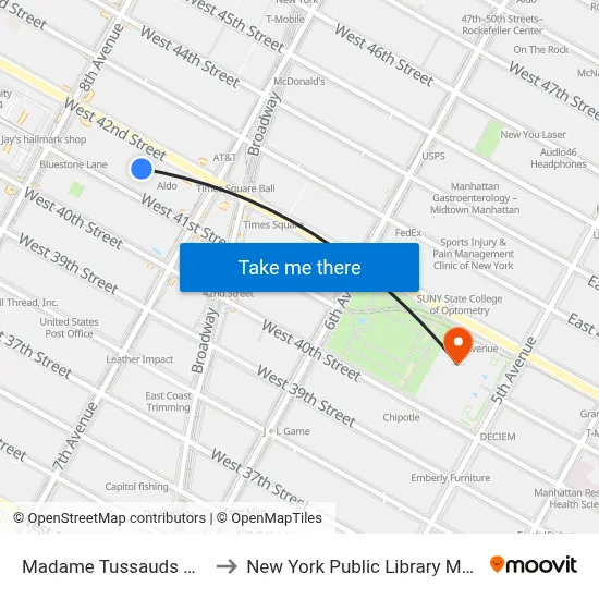 Madame Tussauds New York to New York Public Library Main Branch map