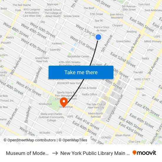 Museum of Modern Art to New York Public Library Main Branch map
