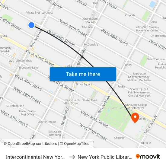 Intercontinental New York Times Square to New York Public Library Main Branch map