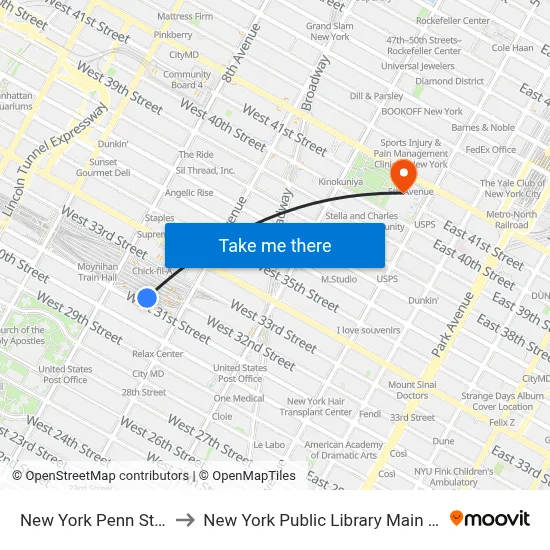New York Penn Station to New York Public Library Main Branch map