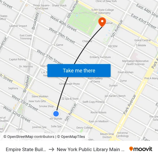 Empire State Building to New York Public Library Main Branch map