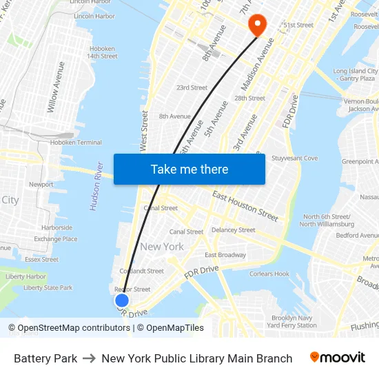 Battery Park to New York Public Library Main Branch map