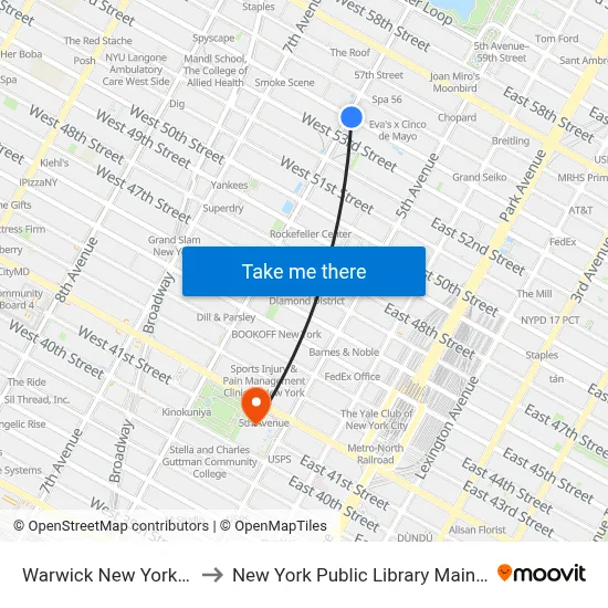 Warwick New York Hotel to New York Public Library Main Branch map