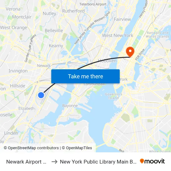 Newark Airport EWR to New York Public Library Main Branch map