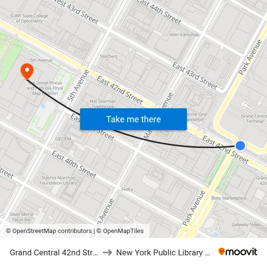 Grand Central 42nd Street Station to New York Public Library Main Branch map