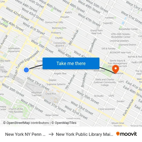 New York NY Penn Station to New York Public Library Main Branch map