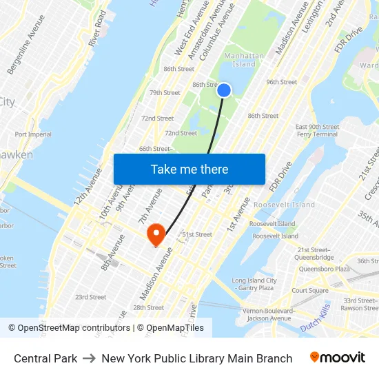 Central Park to New York Public Library Main Branch map