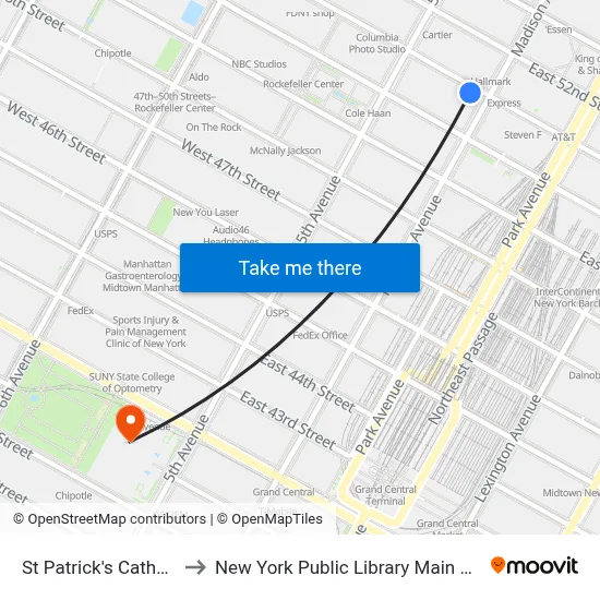 St Patrick's Cathedral to New York Public Library Main Branch map