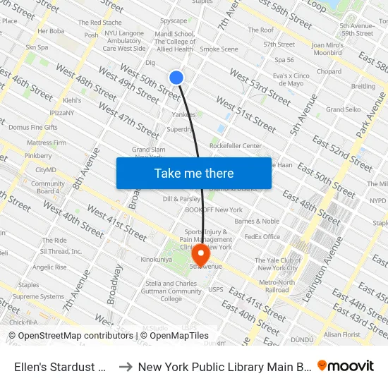 Ellen's Stardust Diner to New York Public Library Main Branch map