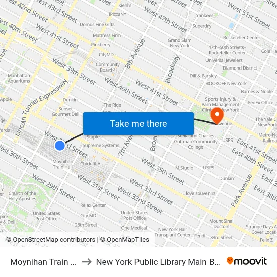 Moynihan Train Hall to New York Public Library Main Branch map