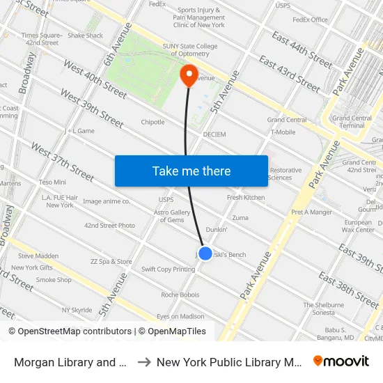 Morgan Library and Museum to New York Public Library Main Branch map