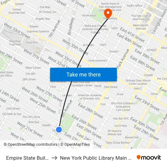 Empire State Building to New York Public Library Main Branch map