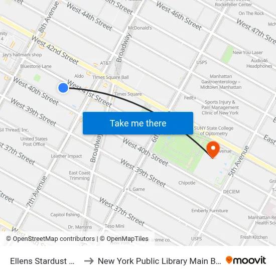 Ellens Stardust Diner to New York Public Library Main Branch map