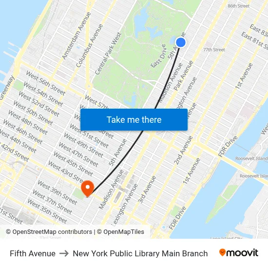 Fifth Avenue to New York Public Library Main Branch map