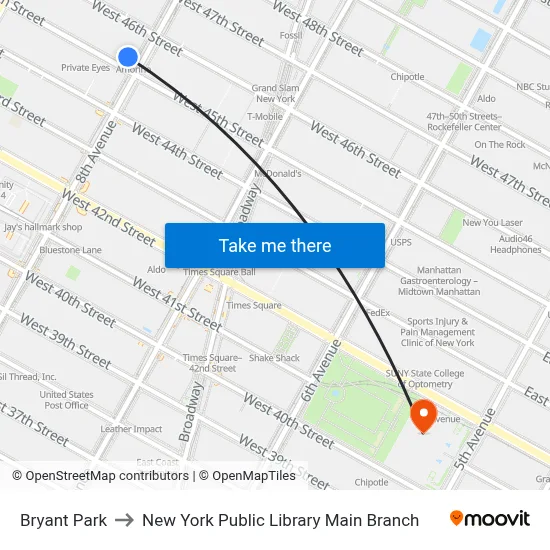 Bryant Park to New York Public Library Main Branch map