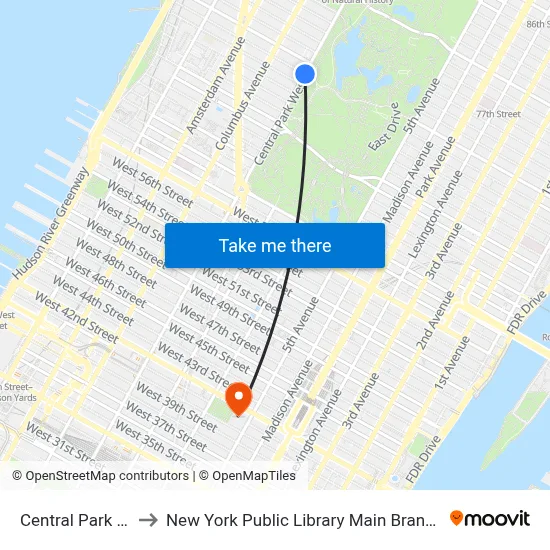 Central Park W to New York Public Library Main Branch map