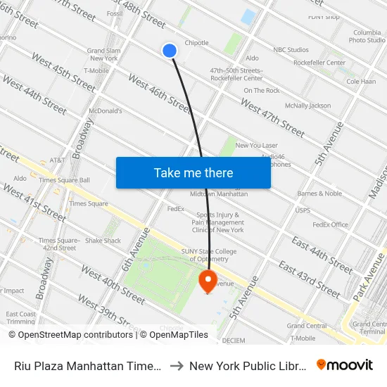 Riu Plaza Manhattan Times Square, New York to New York Public Library Main Branch map