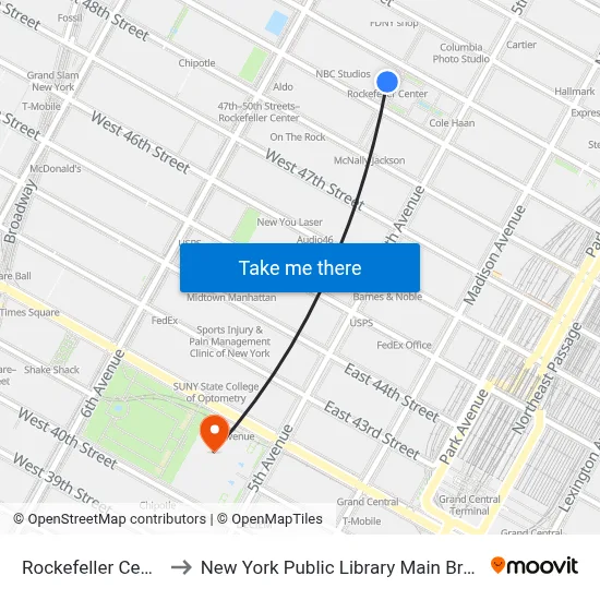Rockefeller Center to New York Public Library Main Branch map
