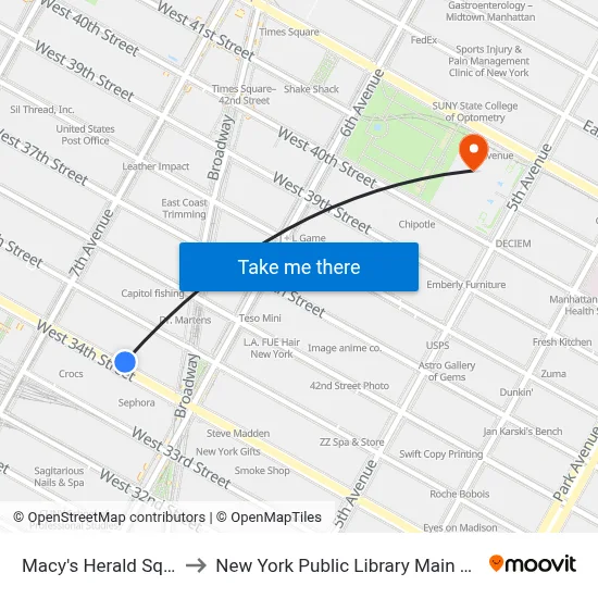 Macy's Herald Square to New York Public Library Main Branch map