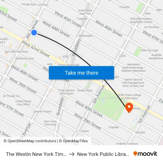 The Westin New York Times Square Hotel to New York Public Library Main Branch map