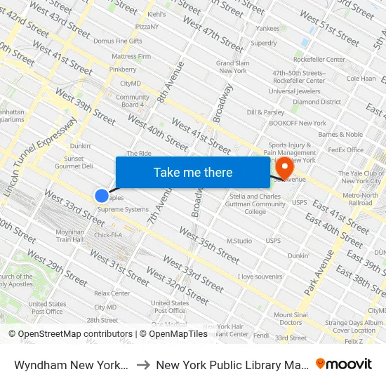 Wyndham New Yorker Hotel to New York Public Library Main Branch map