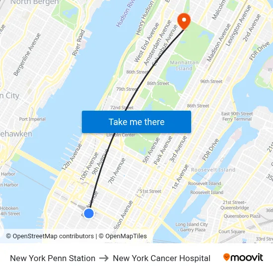 New York Penn Station to New York Cancer Hospital map
