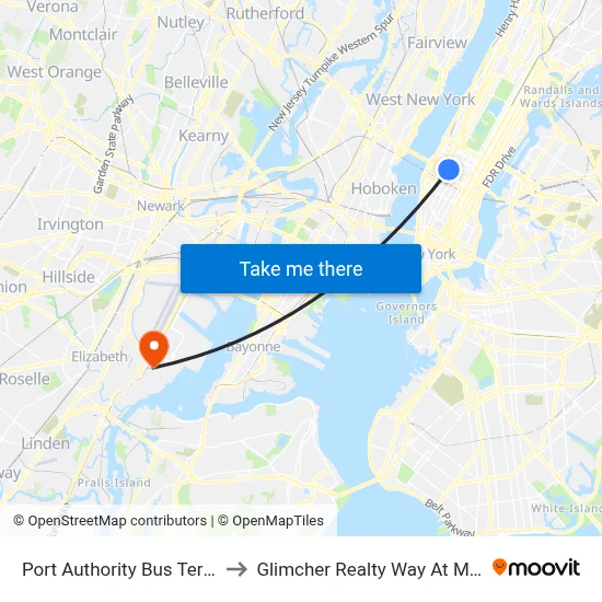 Port Authority Bus Terminal to Glimcher Realty Way At Marriott map
