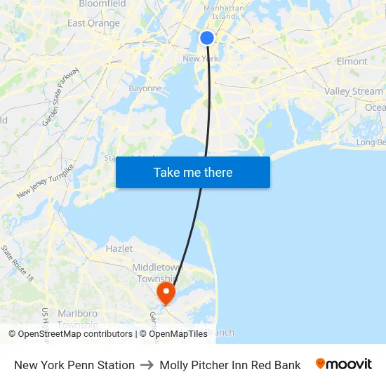 New York Penn Station to Molly Pitcher Inn Red Bank map