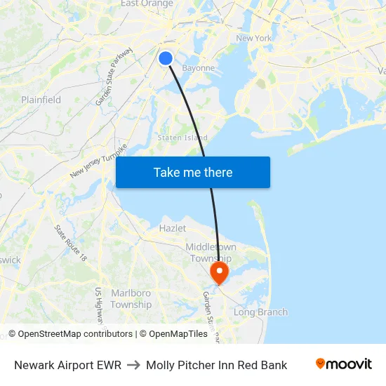 Newark Airport EWR to Molly Pitcher Inn Red Bank map