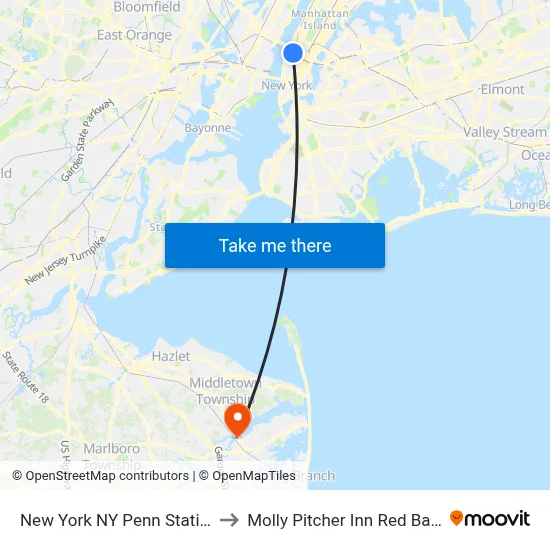 New York NY Penn Station to Molly Pitcher Inn Red Bank map