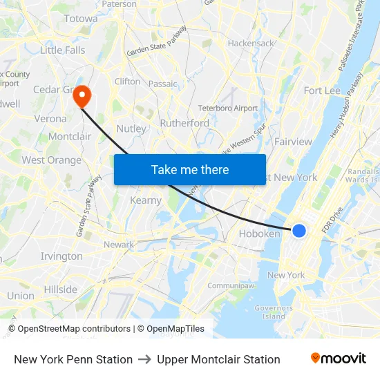 New York Penn Station to Upper Montclair Station map