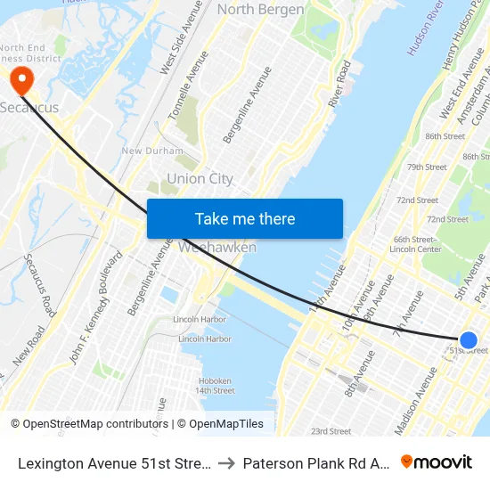 Lexington Avenue 51st Street Station to Paterson Plank Rd At First St map