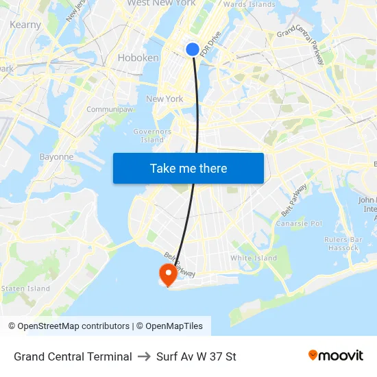 Grand Central Terminal to Surf Av W 37 St map