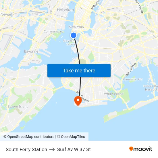 South Ferry Station to Surf Av W 37 St map