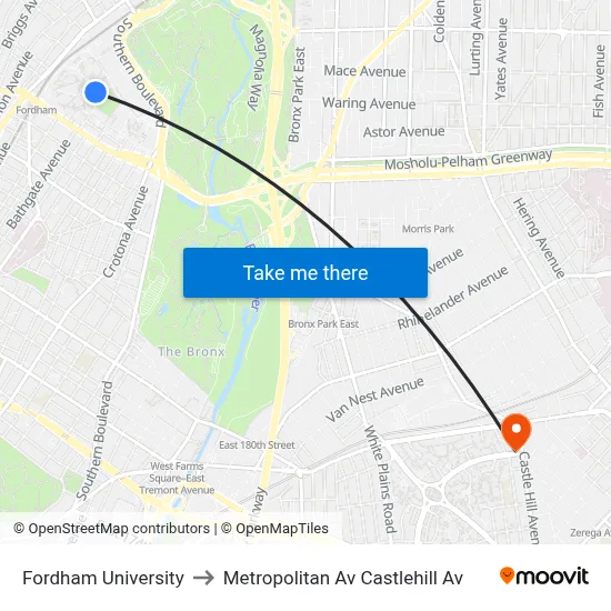 Fordham University to Metropolitan Av Castlehill Av map