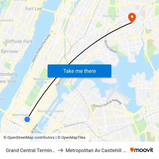 Grand Central Terminal to Metropolitan Av Castlehill Av map