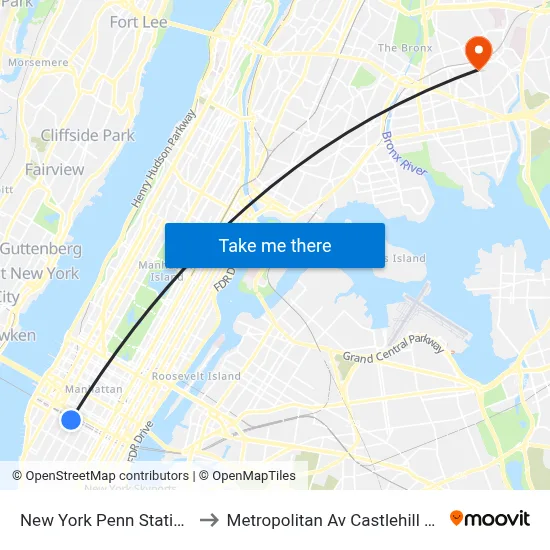 New York Penn Station to Metropolitan Av Castlehill Av map
