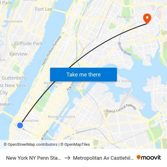 New York NY Penn Station to Metropolitan Av Castlehill Av map