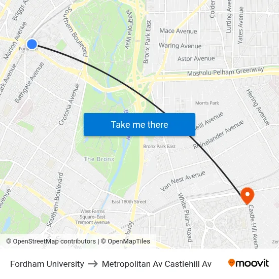 Fordham University to Metropolitan Av Castlehill Av map